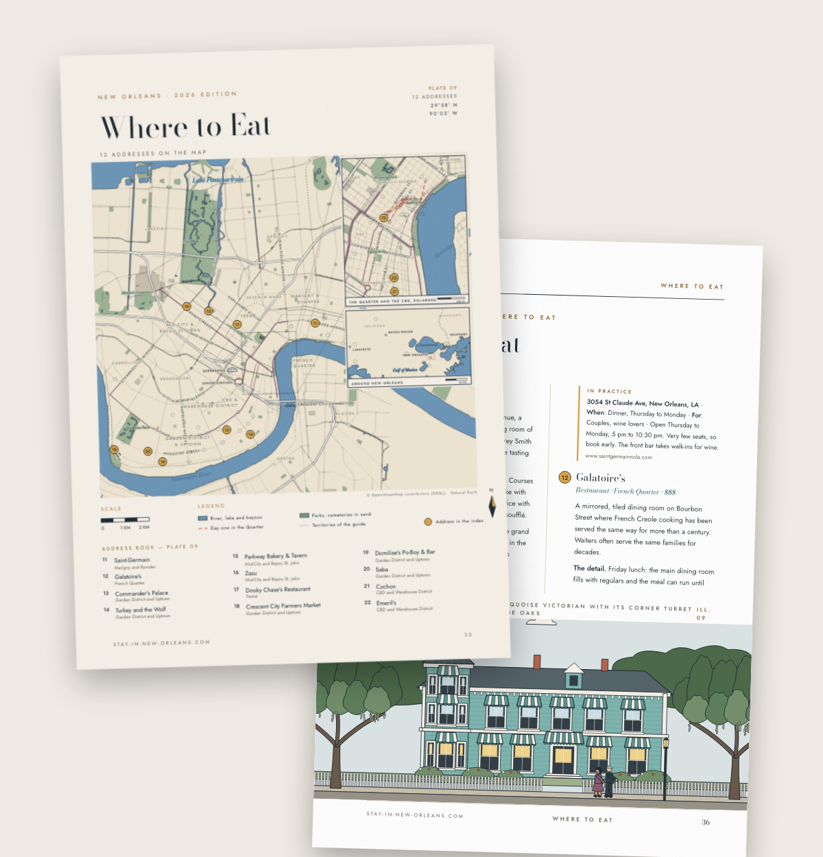 The Where to Eat map of The New Orleans City Guide, its 12 restaurants numbered on the base map of the city
